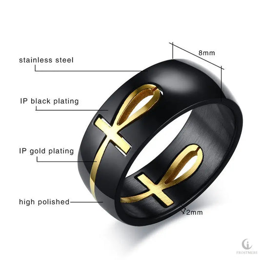 Separable Ankh Egyptian Cross Ring Men Personalized Black Gold Stainless Steel Key of Life Wedding Male Anel Jewelry Frostmere The Reliquary