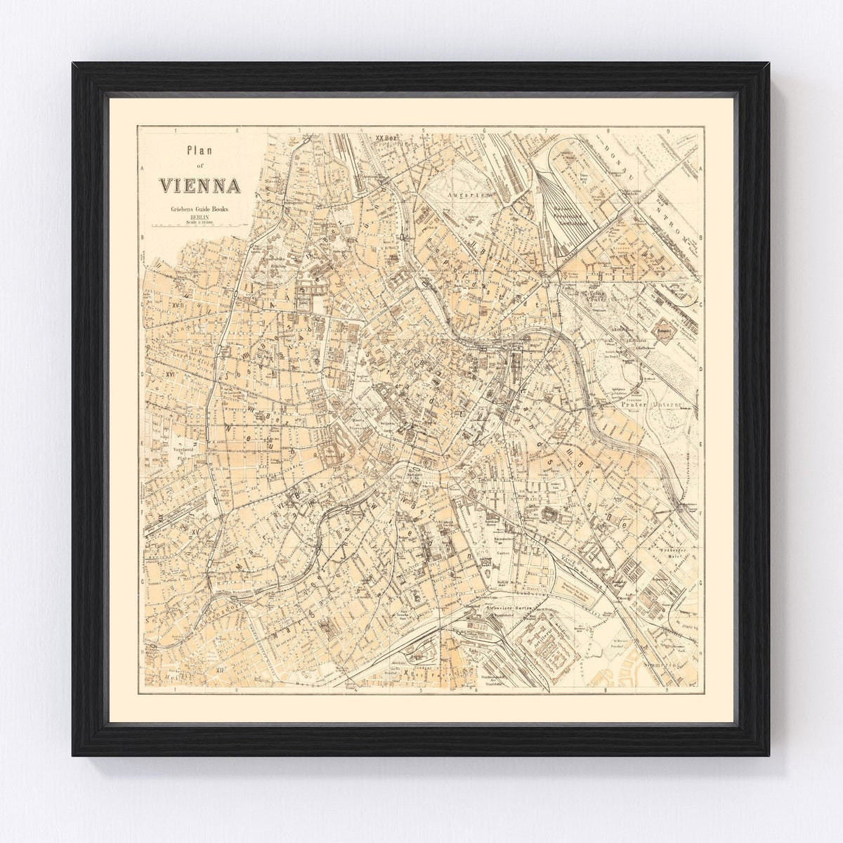 Restored 1923 Vienna map displayed in a black frame; framing is an optional variant