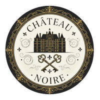 Logo of Château Noire with a castle illustration, keys, and decorative elements on a dark background.