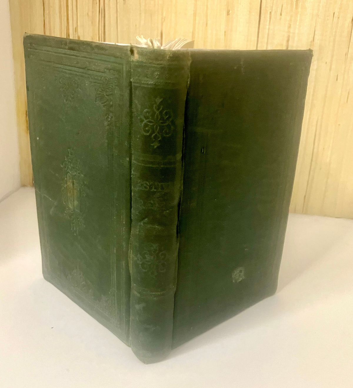 Handbound journal with a green rescued book cover, showing the spine