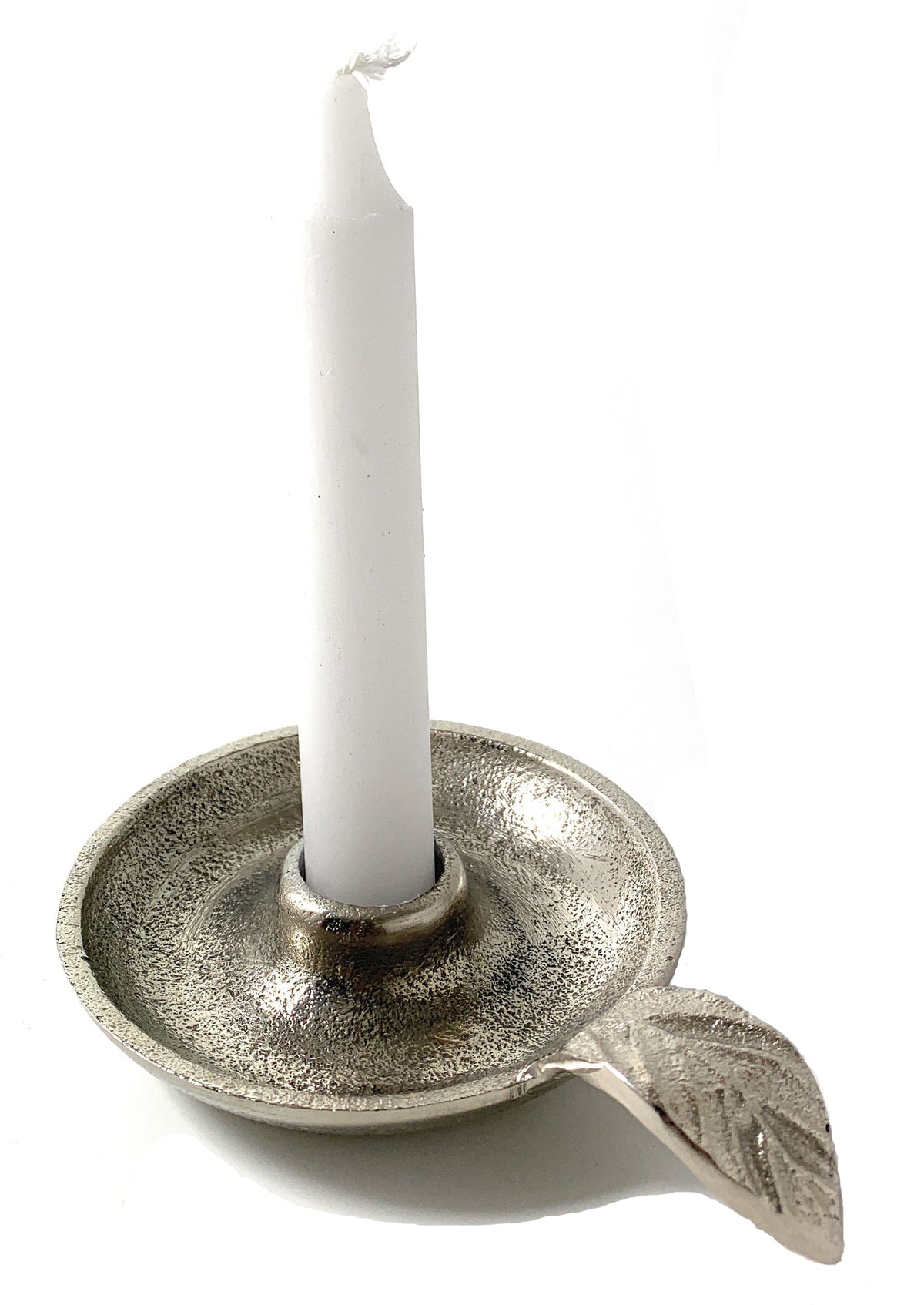 Silver aluminum taper candle holder with leaf handle shown with a white candle