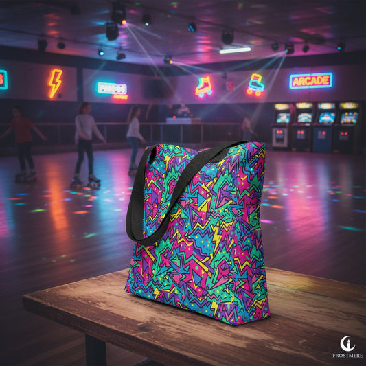 90s tote bag pattern like carpet from an old skate rink or fun center on a table in a vintage skate rink with kids skating on skates and an arcade