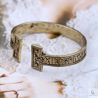 Ancient Futhark Script Cuff Bracelet – Bronze-Tone Inscribed Armlet