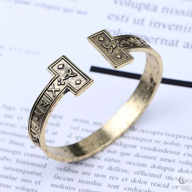 Ancient Futhark Script Cuff Bracelet – Bronze-Tone Inscribed Armlet