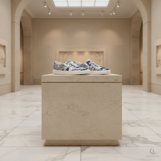 White slip-on shoes with blue and white floral pattern on a white background