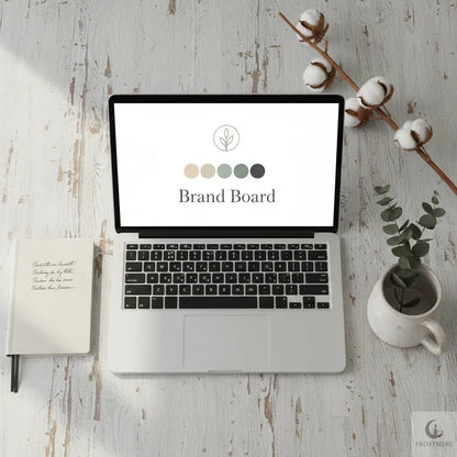 Farmhouse-style flat lay of a digital brand kit displayed on a laptop, with neutral tones, weathered wood, dried cotton stem and ceramic mug