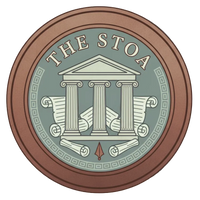 Logo of 'The Stoa' with classical architecture design on a textured background