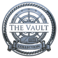 Logo for 'The Vault Collection' with a central wheel design on a blue background