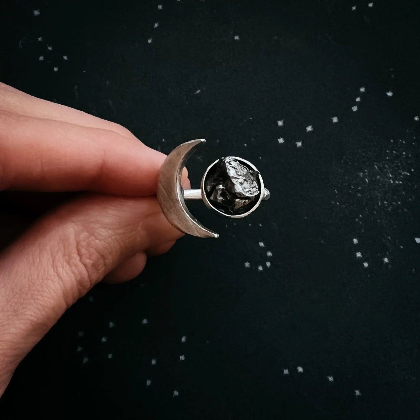 Crescent Moon Wrap Ring with Authentic Meteorite - FrostmereCrescent Moon Wrap Ring with Authentic Meteorite DC - Yugen Handmade