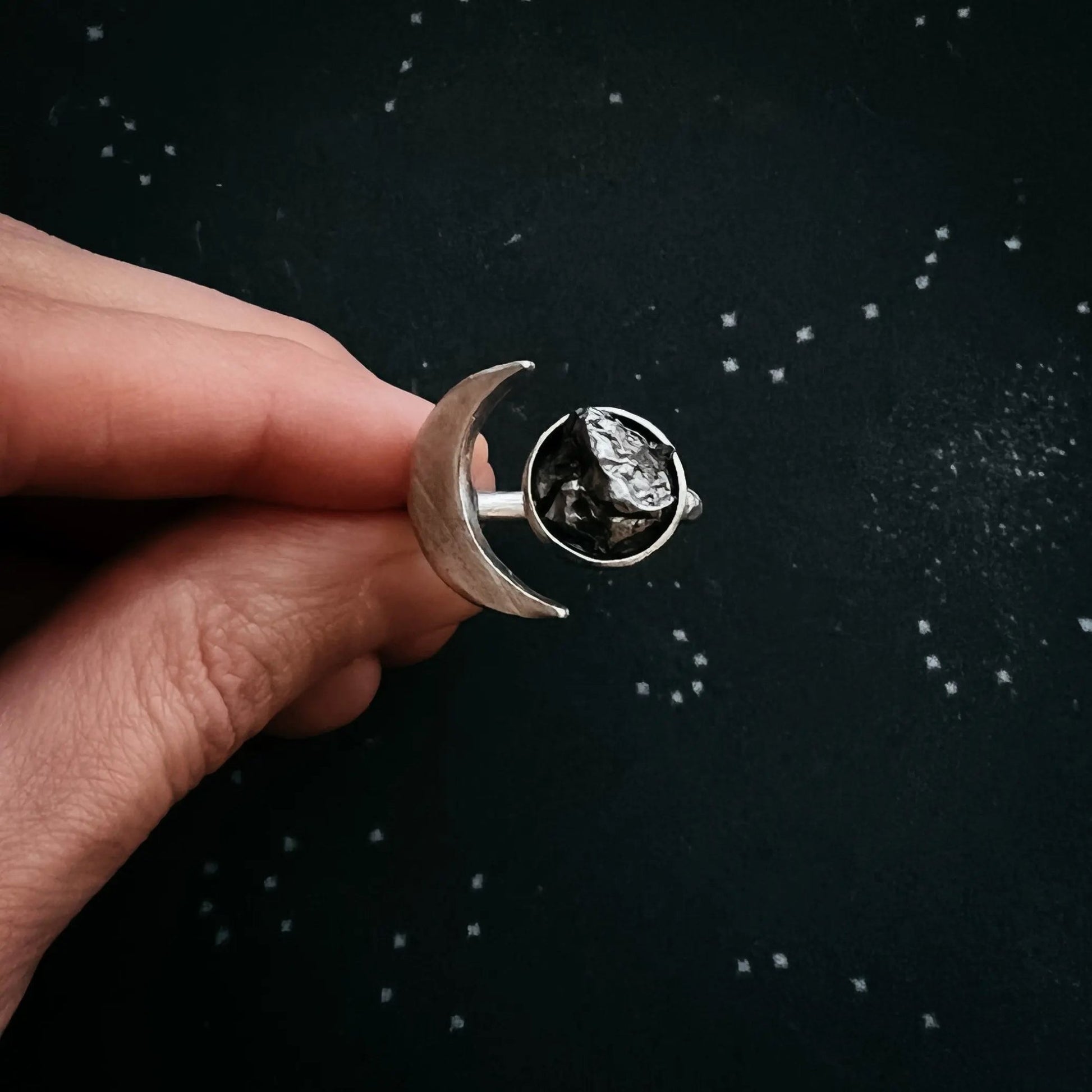 Crescent Moon Wrap Ring with Authentic Meteorite - FrostmereCrescent Moon Wrap Ring with Authentic Meteorite DC - Yugen Handmade