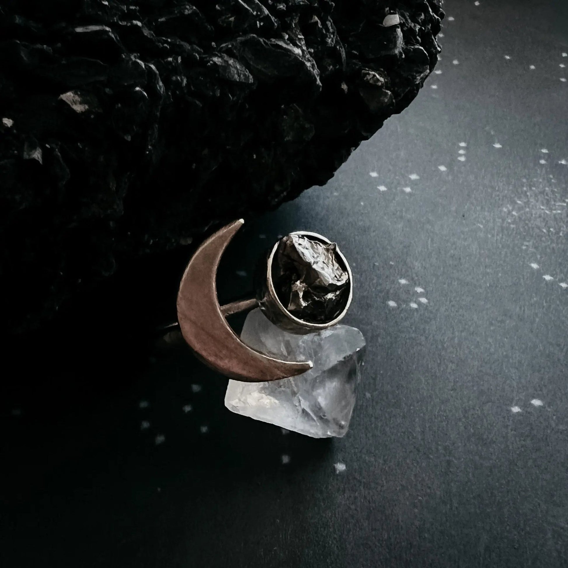 Crescent Moon Wrap Ring with Authentic Meteorite - FrostmereCrescent Moon Wrap Ring with Authentic Meteorite DC - Yugen Handmade