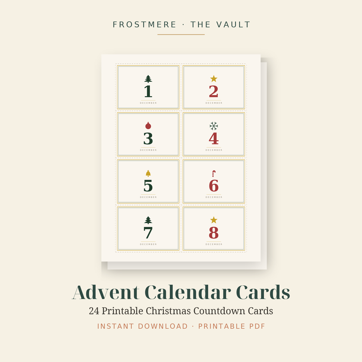 Advent Calendar Cards – 24 Printable Christmas Countdown Cards