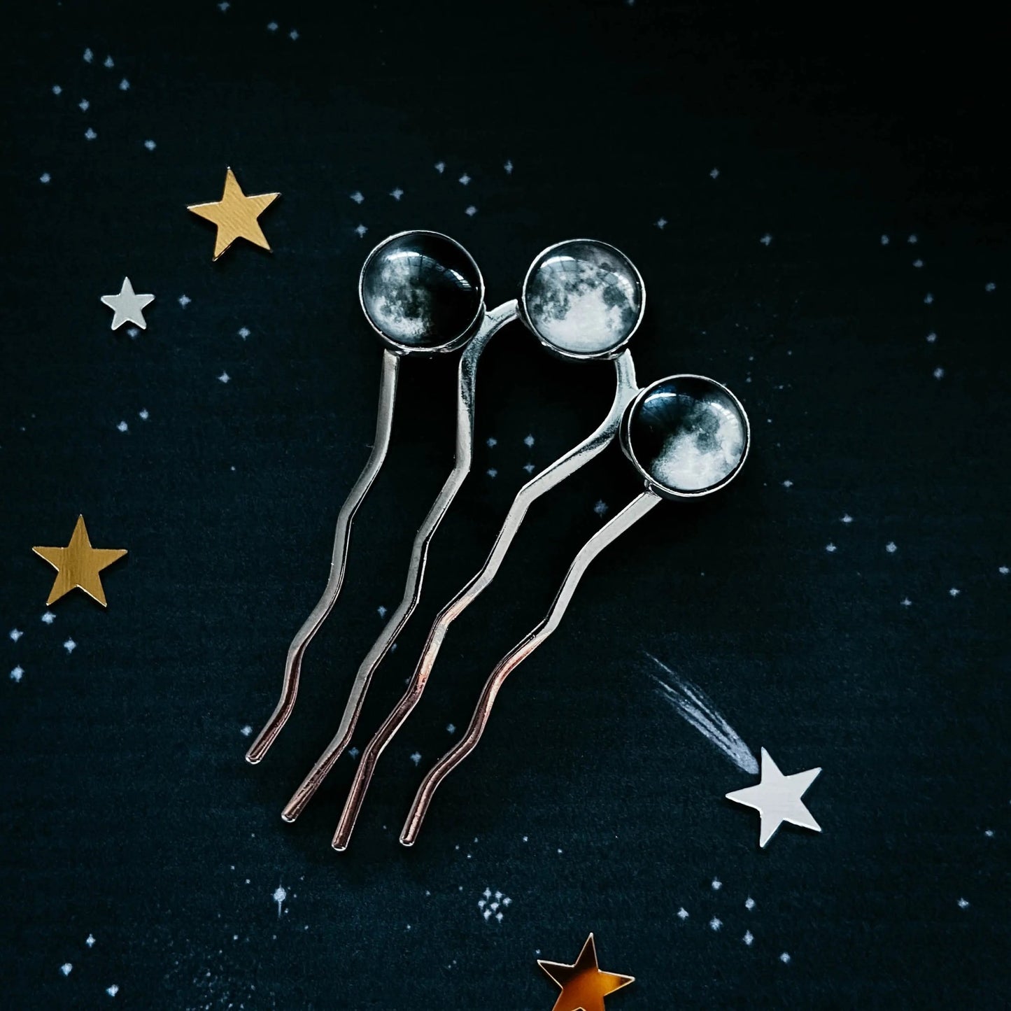 Moon Phase Trio Hair Pin | Silver - FrostmereMoon Phase Trio Hair Pin DC - Yugen Handmade