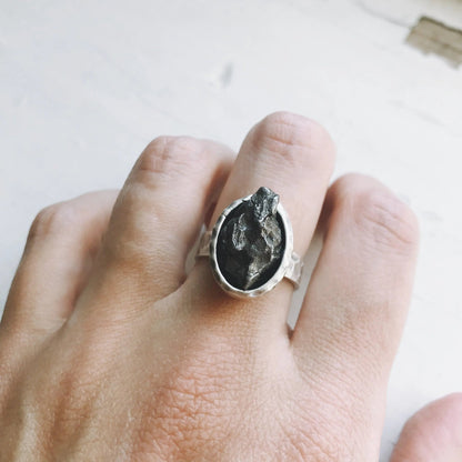 Oval Raw Meteorite Ring in Silver - FrostmereOval Raw Meteorite Ring in Silver DC - Yugen Handmade