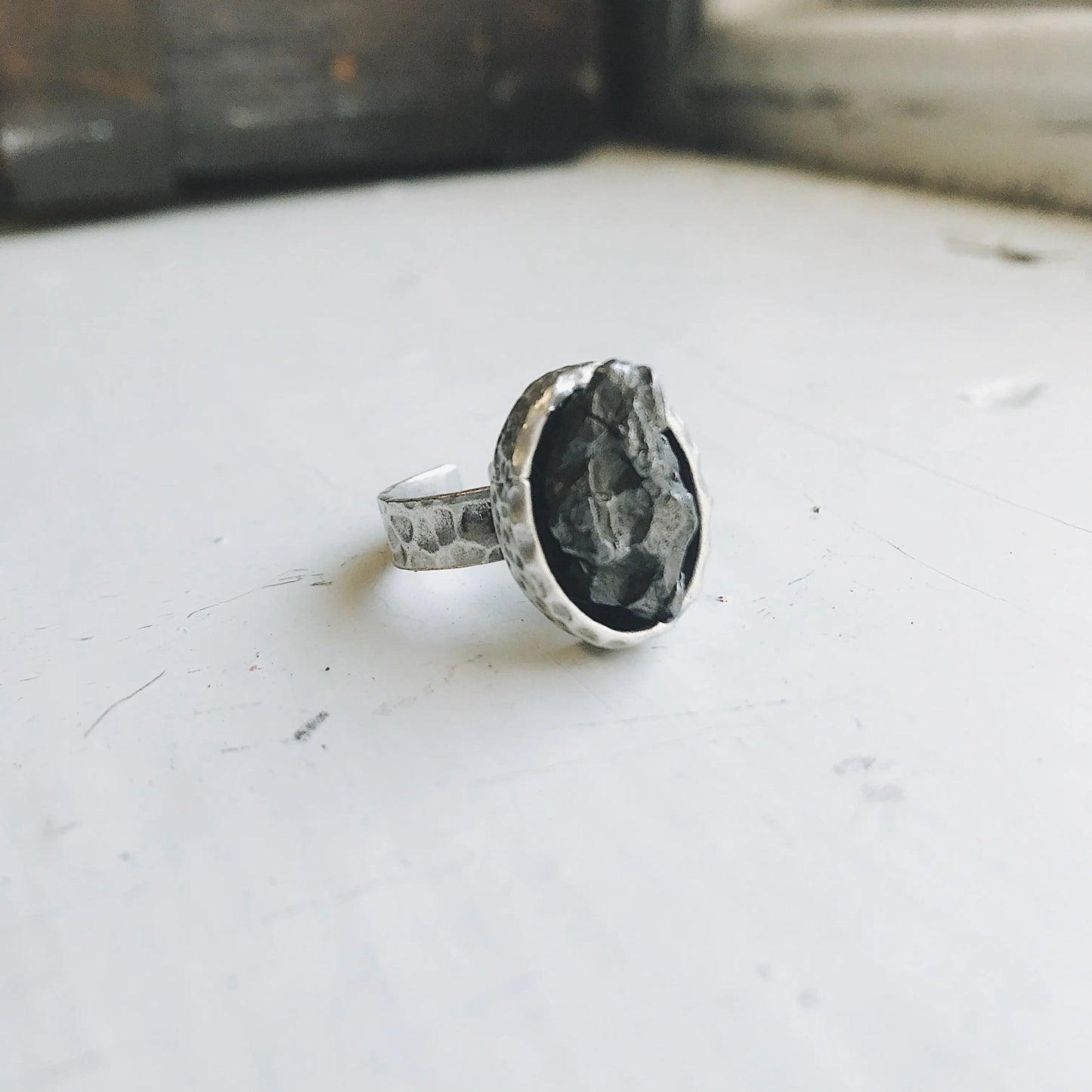 Oval Raw Meteorite Ring in Silver - FrostmereOval Raw Meteorite Ring in Silver DC - Yugen Handmade