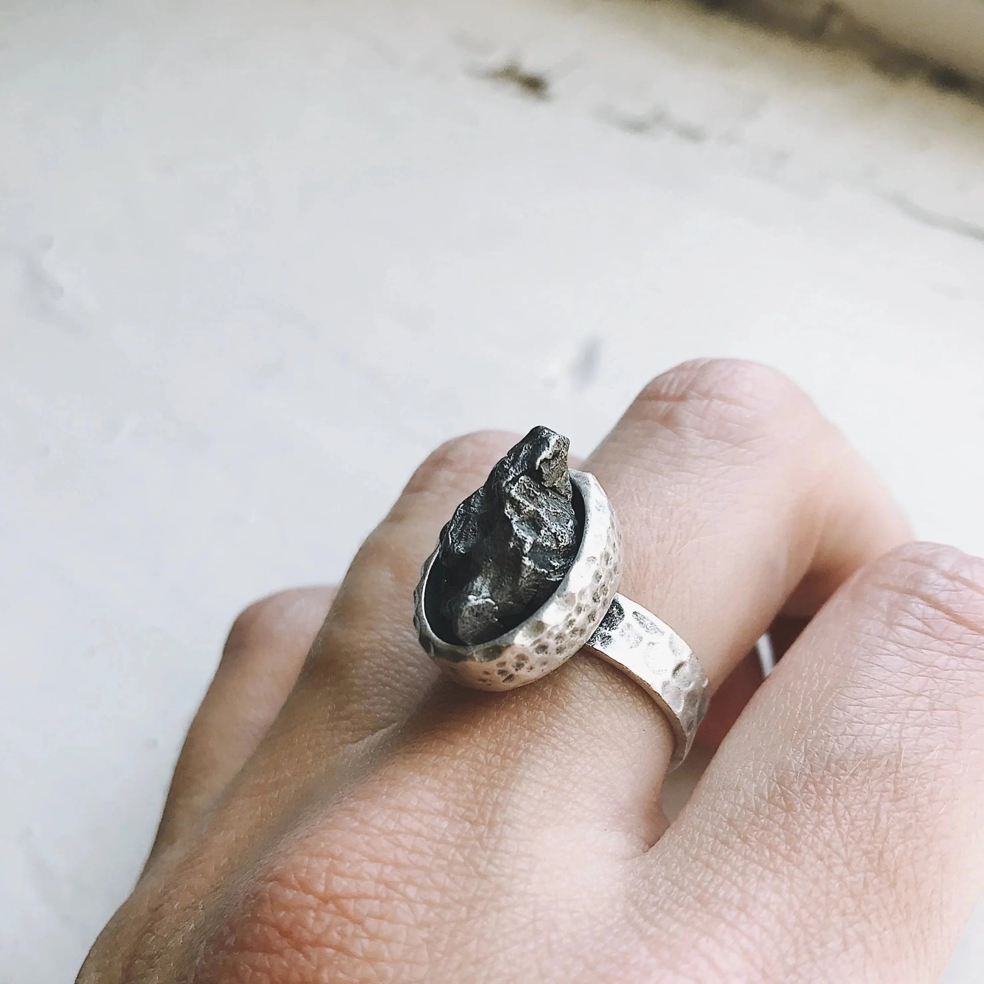 Oval Raw Meteorite Ring in Silver - FrostmereOval Raw Meteorite Ring in Silver DC - Yugen Handmade