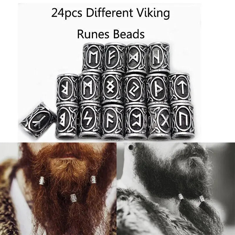 Viking Rune Beard Beads - Norse Hair & Beard Jewelry Set of 24 | Antique Metal - Frostmere