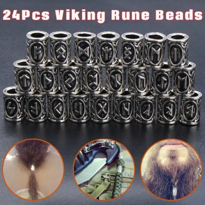 Viking Rune Beard Beads - Norse Hair & Beard Jewelry Set of 24 | Antique Metal - Frostmere