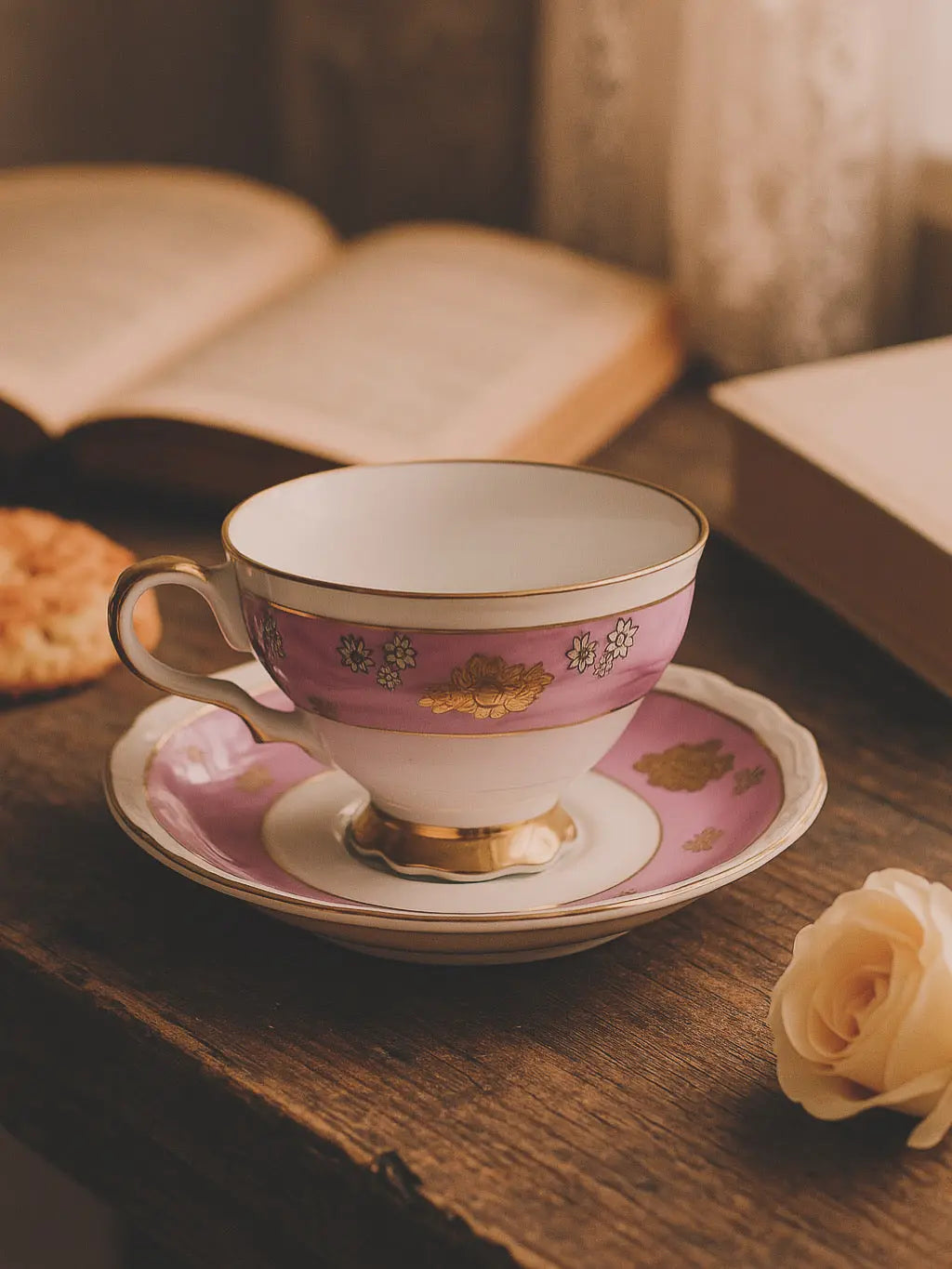 Vintage AACO Japan Teacup & Saucer – Pink Cherry Blossom Gold - FrostmereTeacup with pink floral design on a wooden table with a book and cookie.