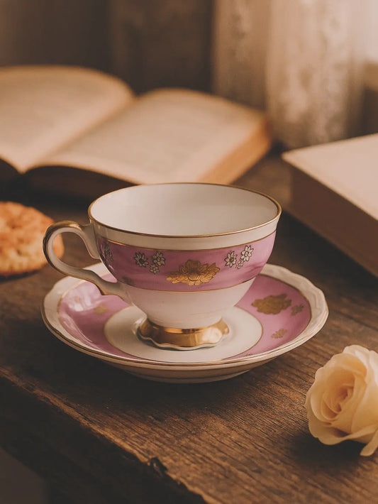 Vintage AACO Japan Teacup & Saucer – Pink Cherry Blossom Gold - FrostmereTeacup with pink floral design on a wooden table with a book and cookie.