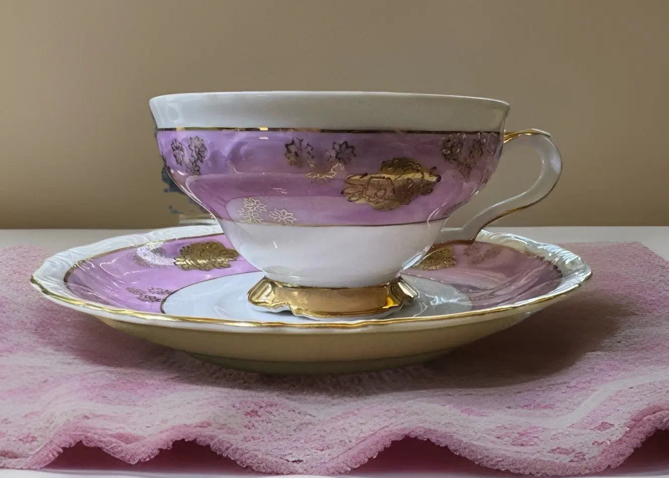 Vintage 1950s AACO Japan Teacup & Saucer – Pink Cherry Blossom Gold - Frostmere